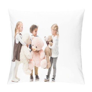 Personality  Adorable Multicultural Children Holding Teddy Bears, Isolated On White Pillow Covers