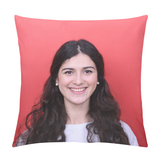 Personality  Portrait Of Beautiful Young Woman Smiling Against Red Background Pillow Covers