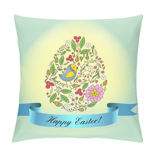Personality  An Egg With A Blue Ribbon Ornament With Birds, Flowers, Buds, Branches Congratulations With Easter Can Be Used As A Postcard Congratulations With Easter Pillow Covers
