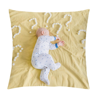 Personality  Top View Of Infant Child Surrounded With Question Marks Made Of Cotton Balls Sleeping On Side In Bed Pillow Covers