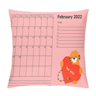 Personality  Horizontal Planner 2022 With Tiger. February Calendar Page. Organizer Scheduler Vector Template. Wall Desk Table Corporate Calendar. Week Starts On Sunday. Red Heart. Romantic Design. Love And Care Pillow Covers