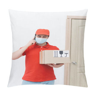 Personality  Courier In Medical Mask Talking On Smartphone And Holding Cardboard Box In Hallway  Pillow Covers