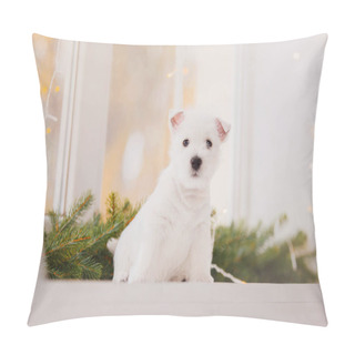 Personality  West Highland White Terrier Puppy On A Bed. Christmas Scenery And Interior Pillow Covers