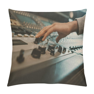 Personality  Cropped Shot Of Sound Producer Touching Knobs On Recording Equipment Pillow Covers