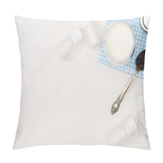 Personality  Top View Of Glass Of Yogurt And Teaspoon With Blackberry On Cloth Near Containers With Starter Cultures On White Pillow Covers