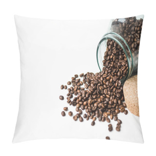 Personality  Scattered Coffee Beans From Glass Bottle And Cork Isolated On White Pillow Covers