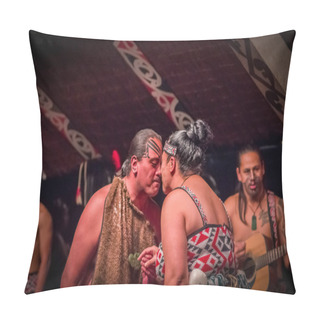 Personality  NORTH ISLAND, NEW ZEALAND- MAY 17, 2017: Tamaki Maori Couple Dancing With Traditionally Tatooed Face In Traditional Dress At Maori Culture, Tamaki Cultural Village, In New Zealand Pillow Covers
