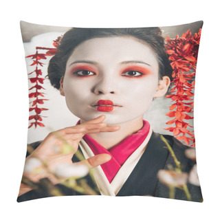 Personality  Portrait Of Beautiful Geisha In Black Kimono With Red Flowers In Hair And Sakura Branches On Black Background With Smoke Pillow Covers