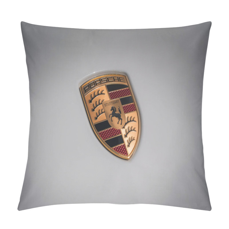Personality  Porsche Emblem With Gold, Black, And Red Colors On Light Background. Features Wurttemberg And Stuttgart Coat Of Arms Elements. Glossy Finish Adds Depth. Pillow Covers