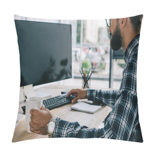Personality  Young Successful Developer Sitting At Workplace With Blank Computer Screen Pillow Covers