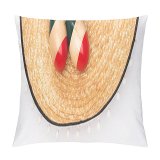 Personality  Top View Of Sombrero And Maracas On White Background, Panoramic Shot Pillow Covers