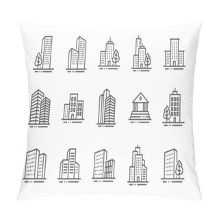 Personality  Buildings Line Icons. Bank, Hotel, Courthouse. City Architecture, Skyscraper Building. Vector Pillow Covers