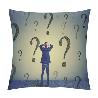Personality  Rear View Business Man Standing In Front Of Wall With Many Questions Pillow Covers