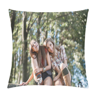 Personality  Two Women Sitting Laughing Together Pillow Covers