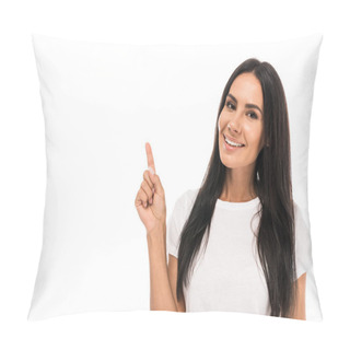 Personality  Positive Woman Pointing With Finger Isolated On White  Pillow Covers
