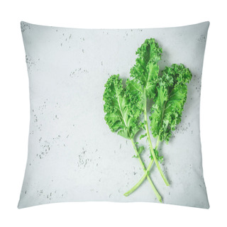 Personality  Fresh Wet Green Kale Leaves Bunch On Grey Background Pillow Covers