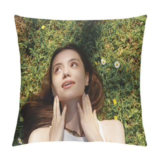 Personality  Top View Of Pleased Brunette Woman Lying On Lawn With Flowers  Pillow Covers