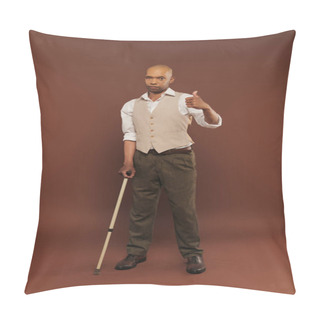 Personality  African American Man With Myasthenia Gravis Syndrome Standing And Leaning On Walking Cane, Looking At Camera, Bold Dark Skinned Man With Chronic Disease Showing Like On Brown Background, Inclusion  Pillow Covers