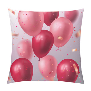 Personality  Vector Holiday Illustration Of Flying Red And Pink Balloons, White Paper Cut Heart Banner And Heart Shape Confetti. Festive Decoration. Vector Stock Illustration. Pillow Covers
