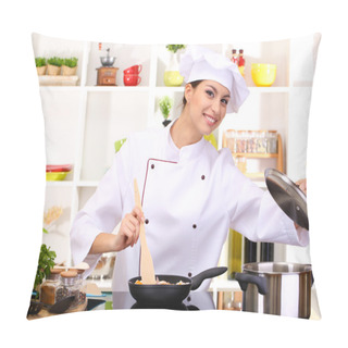 Personality  Young Woman Chef Cooking In Kitchen Pillow Covers