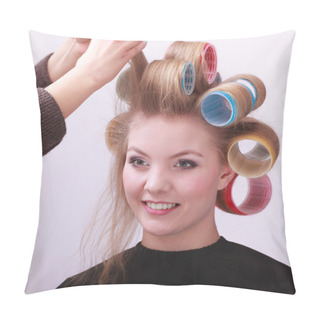 Personality  Beautiful Blond Girl Hair Curlers Rollers Hairdresser Beauty Salon Pillow Covers