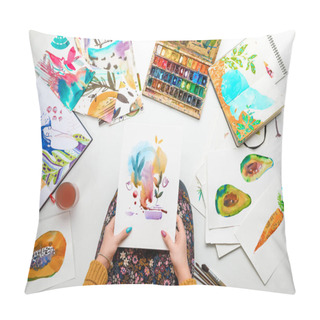 Personality  Top View Of Woman Holding Watercolor Drawing While Surrounded By Color Pictures Pillow Covers