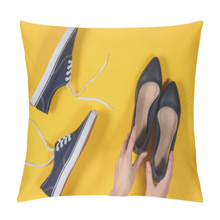 Personality  Women's Hands Give Preference To Classic High-heeled Shoes Over Sneakers On A Yellow Background. The Choice Between Formal And Informal Look. Top View Pillow Covers