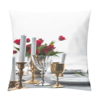 Personality  Selective Focus Of Candles In Vintage Candle Holders, Bouquet Of Red Tulips And Arranged Empty Plates On Tabletop Pillow Covers