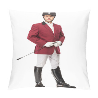 Personality  Handsome Young Horseman In Uniform Holding Horseman Stick And Looking At Camera Isolated On White Pillow Covers
