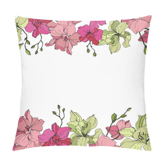 Personality  Beautiful Pink And Yellow Orchid Flowers. Engraved Ink Art. Floral Borders On White Background. Pillow Covers