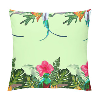 Personality  Seamless Pattern Of Endangered Species Of Birds Magnificent Resplendent Quetzal Sitting On A Branch Against The Backdrop Of A Tropical Foliage And Flowers, Design Pillow Covers
