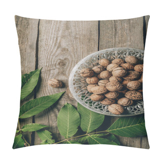 Personality  Top View Of Tasty Healthy Walnuts On Plate And Green Leaves On Wooden Table  Pillow Covers