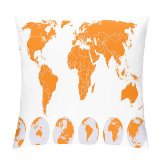 Personality  Orange Detailed World Map With Earth Globes Pillow Covers