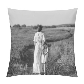 Personality  Black And White Shot Of Mother And Daughter Walking By Rural Road In Green Meadow Pillow Covers
