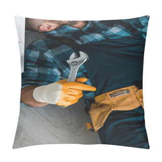 Personality  Cropped View Of Bearded Worker Holding Adjustable Wrench While Working In Kitchen  Pillow Covers