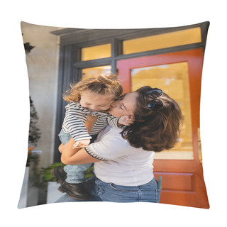 Personality  Brunette Mother Lifting And Kissing Cheek Of Toddler Daughter Near House In Miami  Pillow Covers