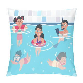 Personality  Swimming Kids. Cartoon Happy Children In A Pool, Flat Boys And Girls Swimming And Playing In Swimwear. Vector Summer Activities Pillow Covers