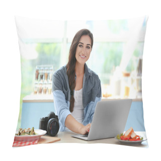 Personality  Girl On Kitchen With Laptop Pillow Covers