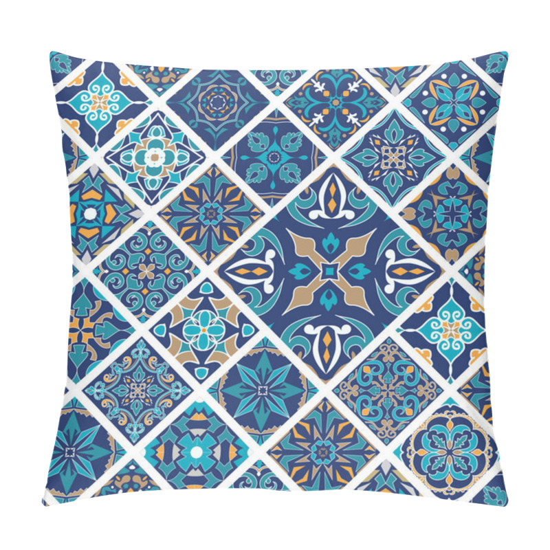 Personality  Vector seamless texture. Mosaic patchwork ornament with rhombus tiles. Portuguese azulejos decorative pattern. Ornamental square design in oriental style pillow covers