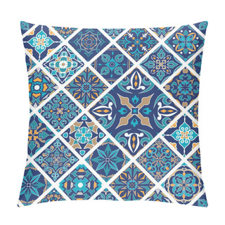 Personality  Vector Seamless Texture. Mosaic Patchwork Ornament With Rhombus Tiles. Portuguese Azulejos Decorative Pattern. Ornamental Square Design In Oriental Style Pillow Covers