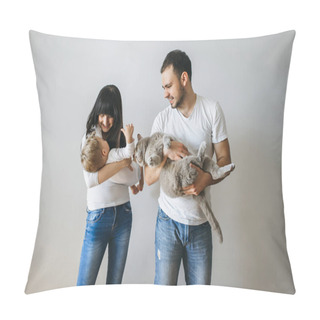 Personality  Portrait Of Happy Parents Holding Little Toddler Boy And Grey Cat At Home Pillow Covers