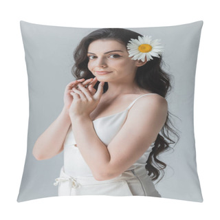 Personality  Pretty Woman With Chamomile In Hair Looking At Camera Isolated On Grey  Pillow Covers