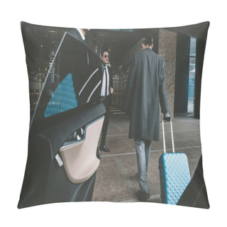Personality  Businessman Going With Blue Bag On Wheels To Airport   Pillow Covers