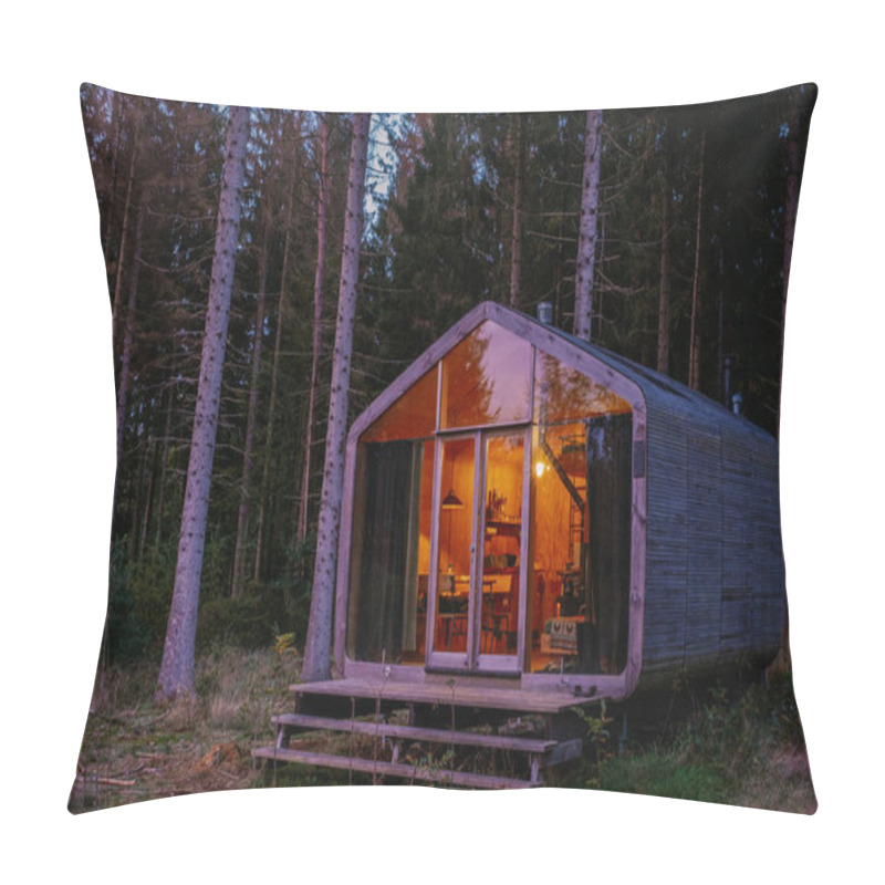 Personality  Wooden hut in autumn forest in the Netherlands, cabin off grid ,wooden cabin circled by colorful yellow and red fall trees pillow covers