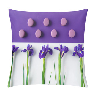 Personality  Flat Lay Composition Of Iris Flowers With Delicious Macaron Cookies On Purple And White Surface Pillow Covers