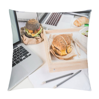 Personality  Tasty Burgers With Fresh Salad And Bread Loaf With Laptops On Tabletop Pillow Covers