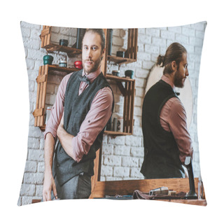 Personality  Handsome Barber Holding Scissors And Looking At Camera  Pillow Covers