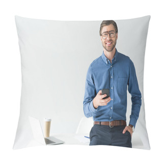 Personality  Handsome Young Businessman With Smartphone Leaning Back At Workplace Isolated On White Pillow Covers