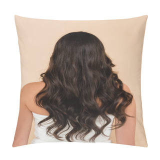 Personality  Back View Of Woman With Wavy Hair Standing Isolated On Beige  Pillow Covers