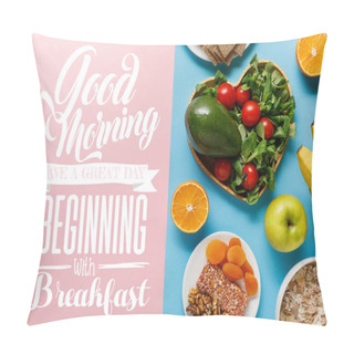 Personality  Top View Of Diet Food On Blue And Pink Background With With Good Morning, Have A Great Day Beginning With Breakfast Lettering Pillow Covers